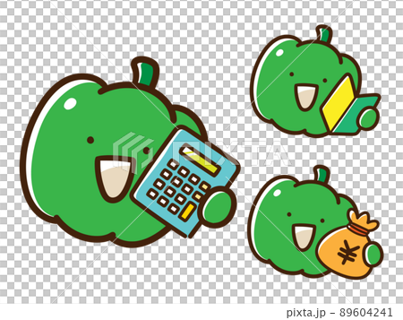 電卓、初心者マーク、お金を持つピーマンのかわいいキャラクターの手書き風イラストセット 89604241