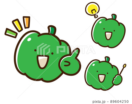 ポーズ表現をするかわいいピーマンのキャラクターの手書き風イラストセットのイラスト素材