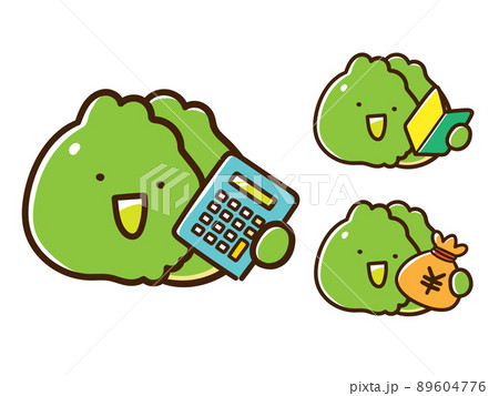 電卓、初心者マーク、お金を持つキャベツのキャラクターの手書き風イラストセット 電卓、初心者マーク、お金を持つキャベツのキャラクターの手書き風イラストセット 89604776