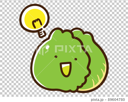 電球マークでひらめくかわいいキャベツのキャラクターの手書き風イラストのイラスト素材