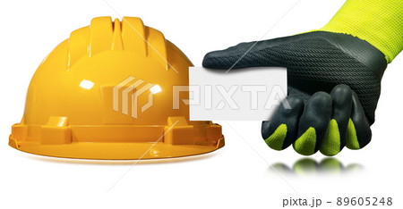 Orange Work Helmet and Gloved hand holding a Blank Business Card 89605248