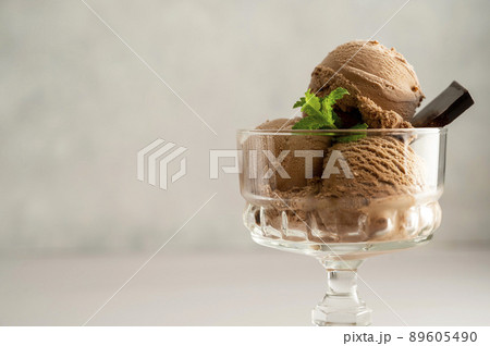 Chocolate vegan ice-cream scoops in glass sundae bowls dessert for summer time. Copy space. Chocolate vegan ice-cream scoops in glass sundae bowls dessert for summer time. Copy space. 89605490