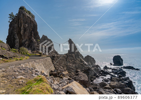 高知県室戸市 　鹿岡の夫婦岩と海岸 89606377