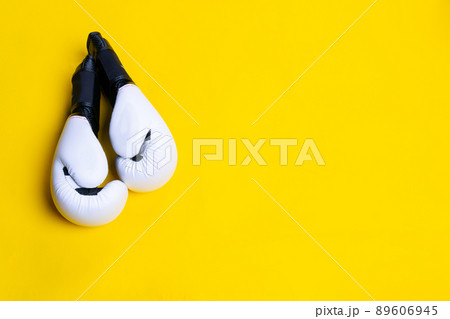 Yellow blue isolated space kettlebell ackground fitness object bodybuilding, from gym weight from powerlifting for strong fist, knockout protection. Sportswear hit boxer, 89606945