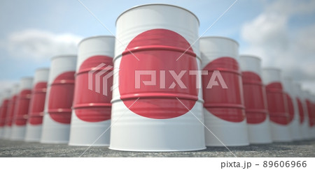 Barrels or oil drums with flag of Japan. Petroleum or chemical industry related 3D rendering Barrels or oil drums with flag of Japan. Petroleum or chemical industry related 3D rendering 89606966