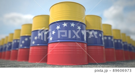Barrels or oil drums with flag of Venezuela. Petroleum or chemical industry related 3D rendering Barrels or oil drums with flag of Venezuela. Petroleum or chemical industry related 3D rendering 89606973