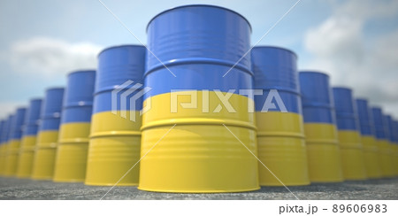 Many barrels with flag of Ukraine. Oil or chemical industry supply related 3D rendering 89606983