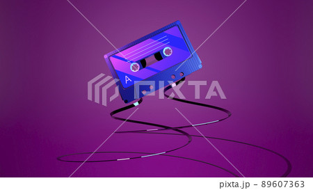 3d audio cassette with tape. Vintage audio cassette with retro music from the 80s and 90s on a neon colored background. Music, entertainment concept. 3d audio cassette with tape. Vintage audio cassette with retro music from the 80s and 90s on a neon colored background. Music, entertainment concept. 89607363