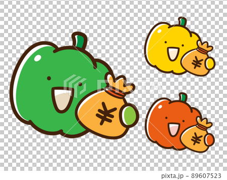 お金を持つカラフルなピーマンとパプリカのかわいい手書き風イラストセットのイラスト素材 お金を持つカラフルなピーマンとパプリカのかわいい手書き風イラストセットのイラスト素材