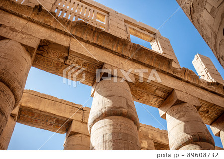 Different columns with hieroglyphs in Karnak temple. Karnak temple is the largest complex in ancient Egypt. 89608732