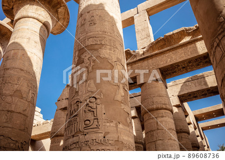 Different columns with hieroglyphs in Karnak temple. Karnak temple is the largest complex in ancient Egypt. 89608736