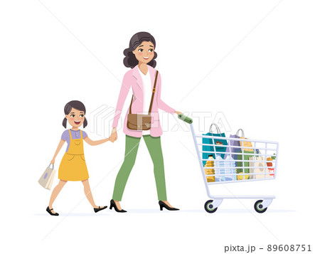 Mother and daughter on shopping with a full grocery cart Mother and daughter on shopping with a full grocery cart 89608751