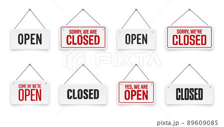 Realistic open or closed hanging signboards. Vintage door sign for cafe, restaurant, bar or retail store. Announcement banner, information signage for business or service. Vector illustration 89609085