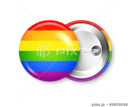 Realistic colorful badge with LGBTQ rainbow flag. Lesbian, gay, bisexual, transgender love symbol, pride month. 3D glossy round button. Pin badge mockup. Vector illustration Realistic colorful badge with LGBTQ rainbow flag. Lesbian, gay, bisexual, transgender love symbol, pride month. 3D glossy round button. Pin badge mockup. Vector illustration 89609088