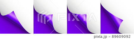 Set of violet paper curls. Curled page corner with shadow. Blank sheet of paper. Colorful shiny foil. Design element for advertising and promotion. Vector illustration. 89609092