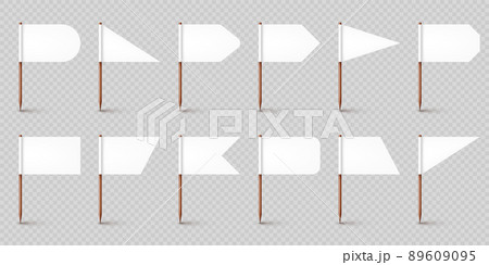 Realistic various toothpick flags. Wooden toothpicks with white paper flag. Location mark, map pointer. Blank mockup for advertising and promotions. Vector illustration Realistic various toothpick flags. Wooden toothpicks with white paper flag. Location mark, map pointer. Blank mockup for advertising and promotions. Vector illustration 89609095