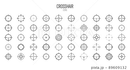 Crosshair, gun sight vector icons. Bullseye, black target or aim symbol. Military rifle scope, shooting mark sign. Targeting, aiming for a shot. Archery, hunting and sports shooting. Game UI element. 89609132