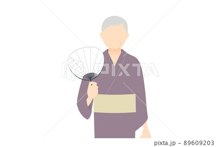 シニア女性の浴衣姿、うちわをあおぐ、納涼のイメージ 89609203