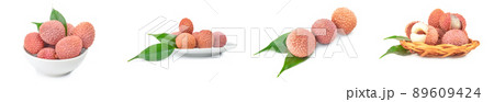 Collage of lechee on a isolated white background 89609424