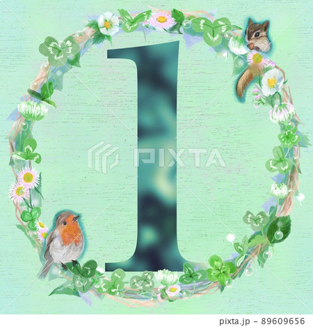数字の1と四葉のクローバーとシロツメクサの水彩画風フラワーリースとコマドとシマリスのイラスト 89609656