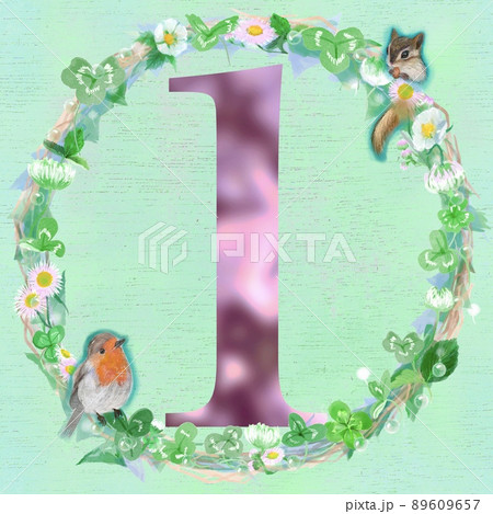 数字の1と四葉のクローバーとシロツメクサの水彩画風フラワーリースとコマドとシマリスのイラスト 89609657