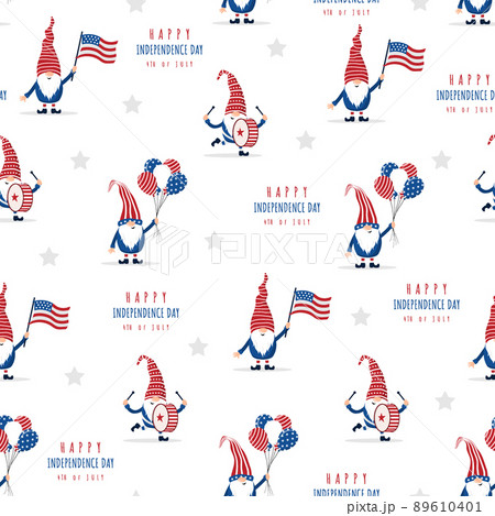 Seamless pattern with patriotic american gnomes. Independence day in the United States. National freedom day. Vector illustration in cartoon style. Perfect for fabric, package paper, wallpaper, cards 89610401