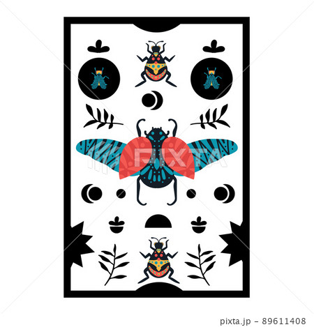 Poster with cartoon insects. Tropical postcard with the image of beetles, dragonflies, flies. Illustration for decoration with insects and natural elements. 89611408