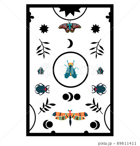 Poster with bright insects. A tropical postcard with the image of a fly, a dragonfly and natural elements. Illustration for decoration with insects. 89611411