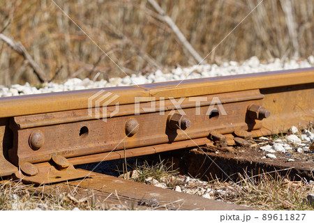 Connecting two rails. Train tracks underlay, rails and crushed stones Gap Between Rails at Fishplate Connecting two rails. Train tracks underlay, rails and crushed stones Gap Between Rails at Fishplate 89611827