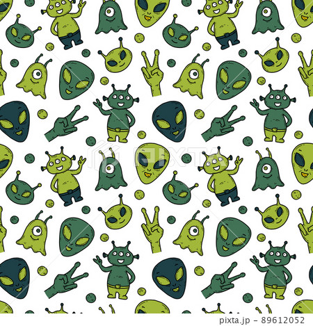 Aliens, unidentified flying object UFO vector green seamless pattern 89612052