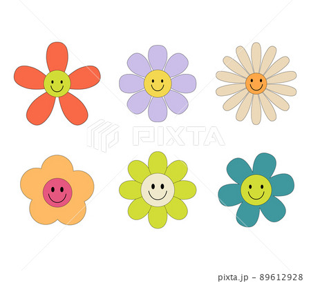 Groovy retro flowers daisy set. Hippie psychedelic stickers in 1970 style. Vector Disco flowers isolated on white 89612928
