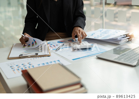 bookkeeper or financial inspector hands making report, calculating or checking balance. Home finances, investment, economy, saving money or insurance concept 89613425
