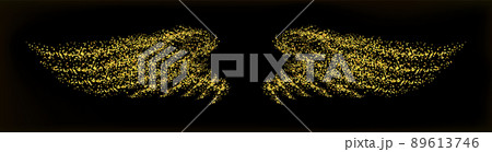 Golden crumbs, gold scattering sand of shape angel wings isolated. Vector. 89613746