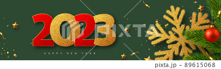 2023 Happy New Year banner. Glitter golden snowflake with tinsel, pine branches, red bauble and glitter numbers on green background. Vector illustration. 89615068