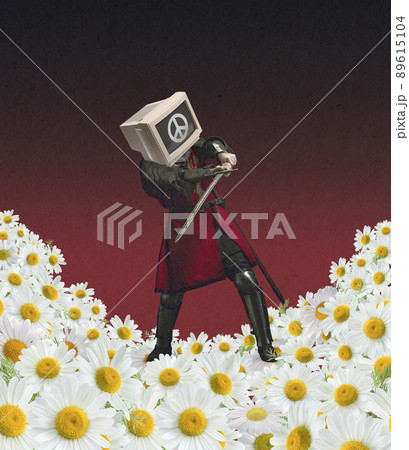 Contemporary art collage with medieval knight, warrior with retro tv set instead head in motion over yellow background. Vintage, surrealism, art concept 89615104