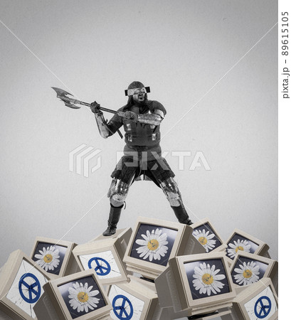 Contemporary art collage with medieval knight, warrior in action over grey background. Vintage, surrealism, art concept Contemporary art collage with medieval knight, warrior in action over grey background. Vintage, surrealism, art concept 89615105