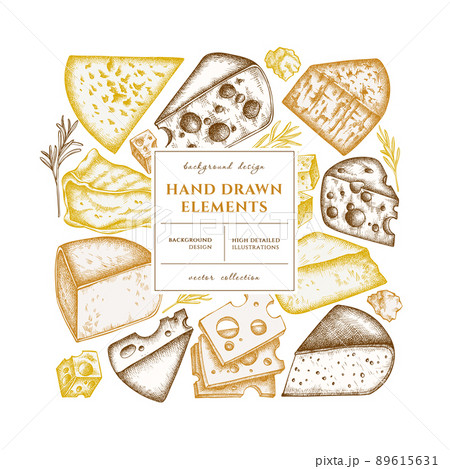 Cheese square card or invitation design. Frame design with brie, gouda cheese, roquefort, etc. 89615631