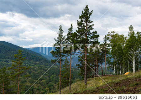 Yellow tourist tent on hillside. Cross country hiking, survival in wild. Rest and relaxation in fresh air. Yellow tourist tent on hillside. Cross country hiking, survival in wild. Rest and relaxation in fresh air. 89616061