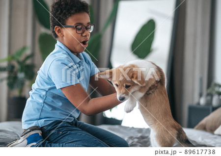 A boy playing with a puppy and looking involved 89617738