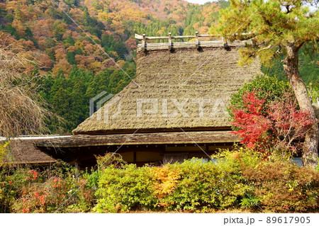 萱葺き屋根の家屋と紅葉／美山かやぶきの里（京都府南丹市） 89617905