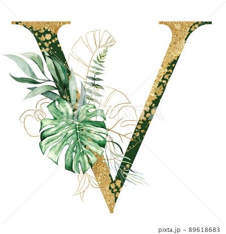 Golden letter V decorated with green and golden Watercolor tropical leaves isolated 89618683