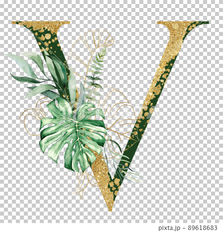 Golden letter V decorated with green and golden Watercolor tropical leaves isolated 89618683