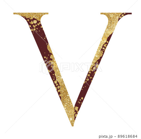 Dark red and Golden glitter capital letter V with dispersion effect, festive design element 89618684