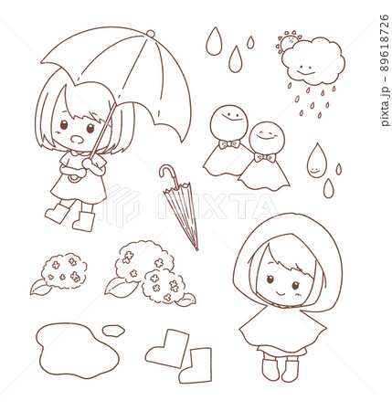 かわいい女の子と梅雨の線画イラストセット 背景透過 のイラスト素材