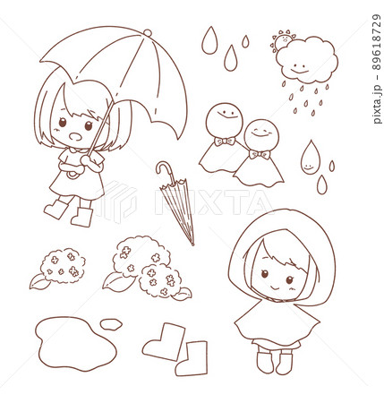 かわいい女の子と梅雨の線画イラストセットのイラスト素材