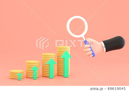 Cartoon hand holding magnifying glass and pile of coins, investment ideas finance. Cartoon hand holding magnifying glass and pile of coins, investment ideas finance. 89619045