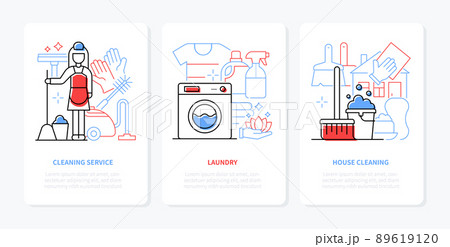 House cleaning and laundry - line design style banners set 89619120