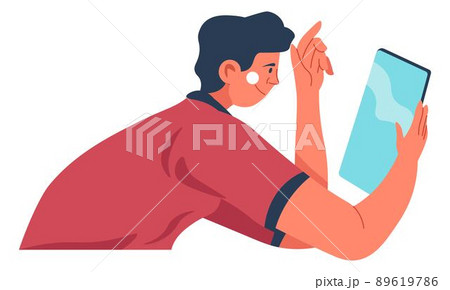 Teenager boy working on tablet or laptop phone 89619786
