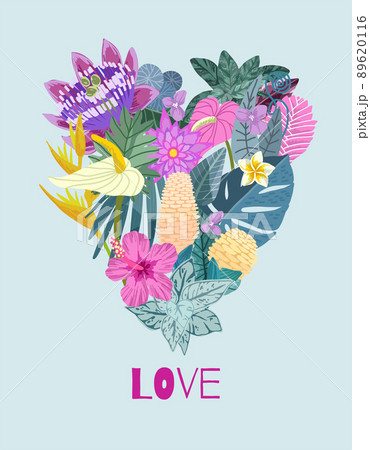 Vector card with heart shaped tropical flowers Vector card with heart shaped tropical flowers 89620116