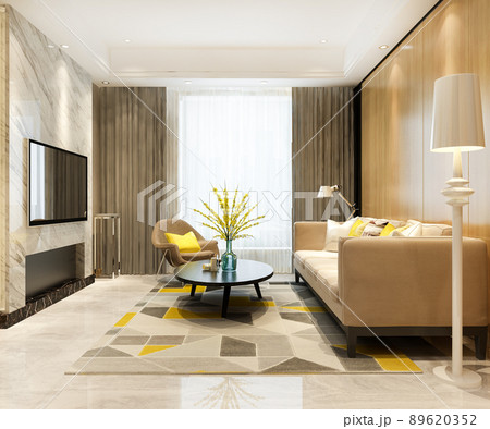 3d rendering loft luxury living room with bookshelf  89620352